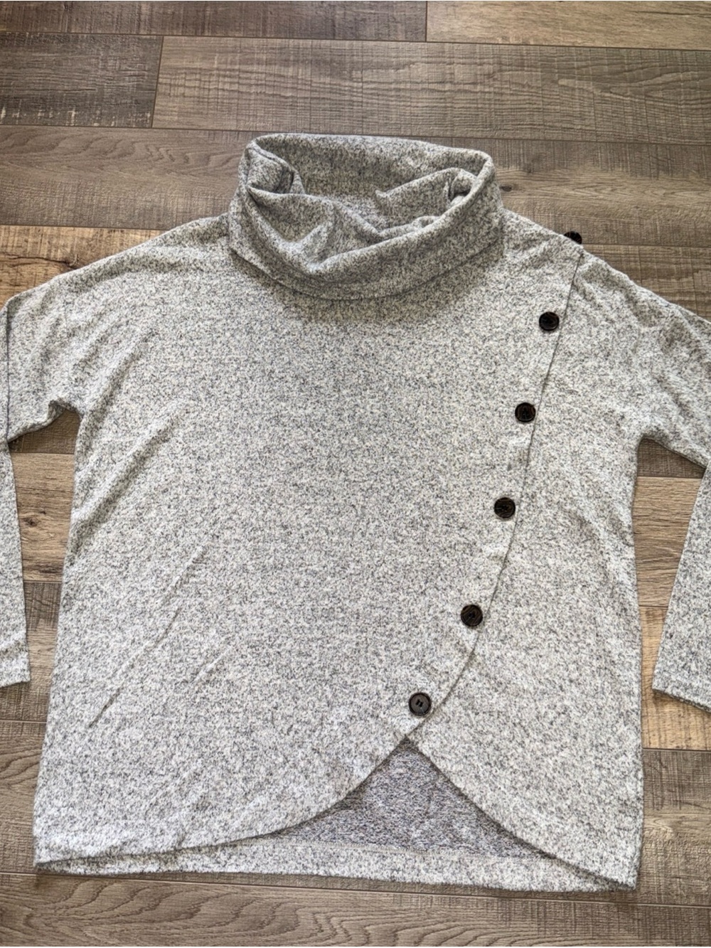 Retrology Cozy Gray Cowl Neck Button-Trim Sweater